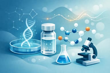 Ilustración editorial de Soro sobre investigación de péptidos con un vial y un microscopio